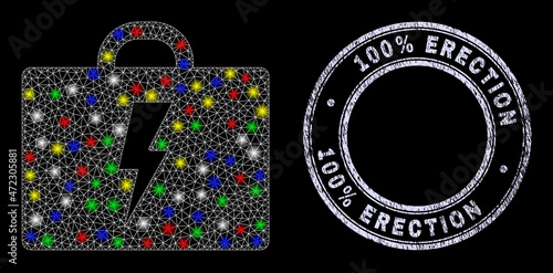 Glossy polygonal mesh net electric toolbox icon with glitter effect on a black background, and 100% Erection textured stamp. Illuminated vector structure created from electric toolbox pictogram,