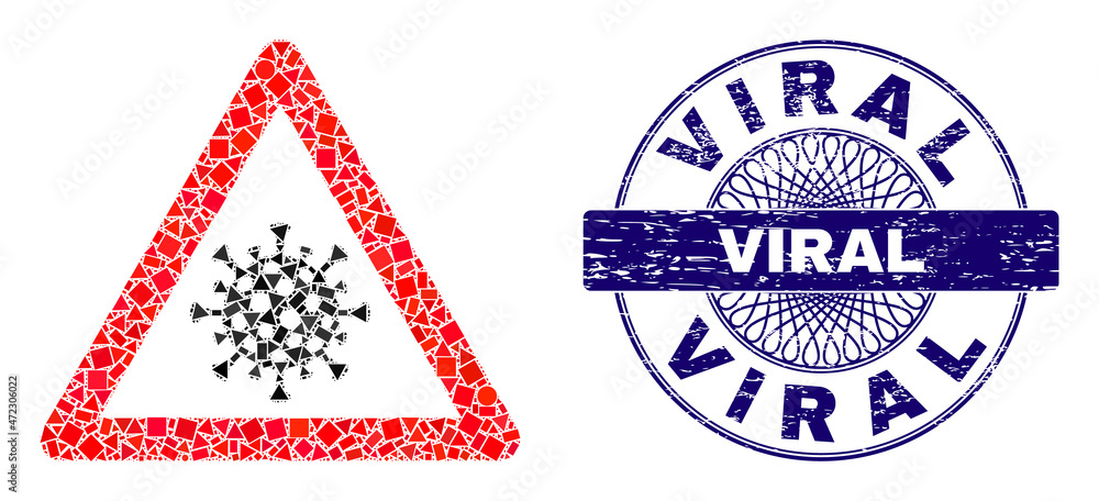 Geometric collage viral warning, and Viral corroded seal print. Violet stamp seal includes Viral text inside round form. Vector viral warning collage is designed of randomized round, triangle,