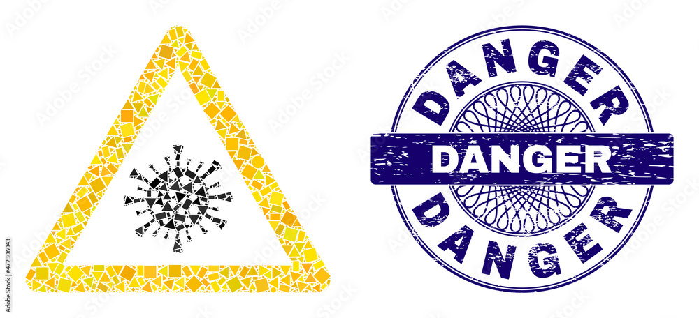 Geometric collage virus danger, and Danger rubber stamp. Violet stamp contains Danger caption inside round shape. Vector virus danger collage is designed with different round, triangle,