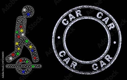 Glossy polygonal mesh net man drive one wheel icon with glare effect on a black background, and Car textured seal imitation. Illuminated vector mesh created from man drive one wheel symbol,