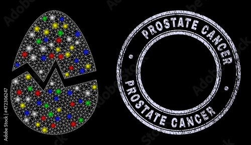 Glossy polygonal mesh web broken egg icon with glare effect on a black background, and Prostate Cancer rubber stamp seal. Illuminated vector mesh created from broken egg icon,