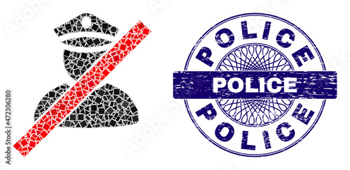 Geometric mosaic wrong police man, and Police rubber stamp seal. Violet stamp seal includes Police title inside round form. Vector wrong police man mosaic is done of randomized round, triangle,