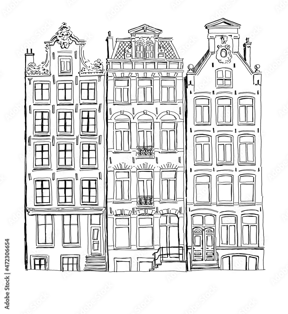 Gingerbread houses in Amsterdam drawn in a graphic editor. For poster, stickers, sketchbook cover, print, your design.