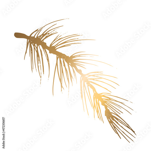 Golden branch of spruce. Shiny with gold needles. Vector illustration. For web pages and printing.