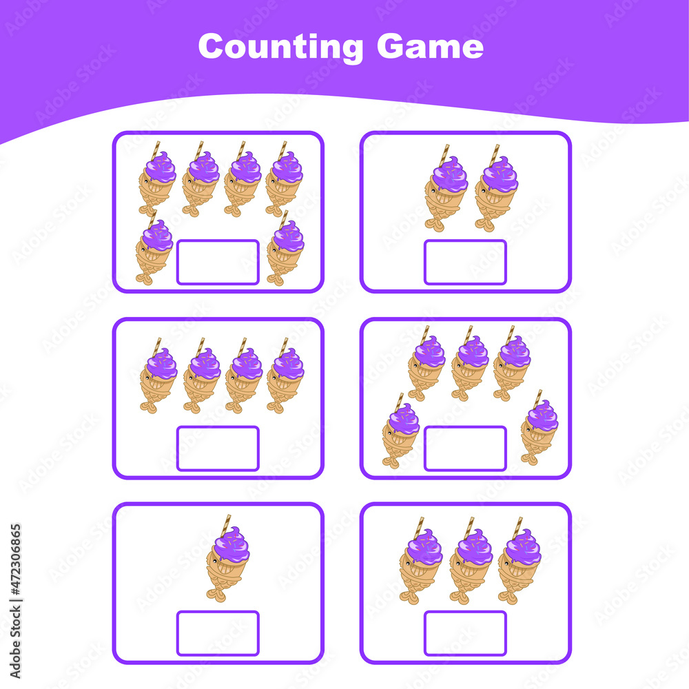Counting game for Preschool Children. Educational printable math worksheet. Worksheet for kids. Vector illustration in cartoon style.