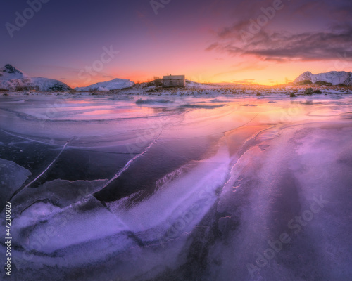 Frozen sea coast and house ...
