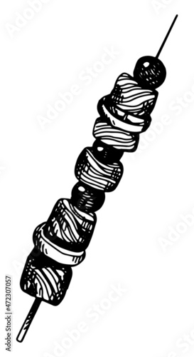 Grilled meat with vegetables, skewer shashlik sketch. Tasty food single doodle. Hand drawn vector illustration in retro style. Outline clipart isolated on white background.