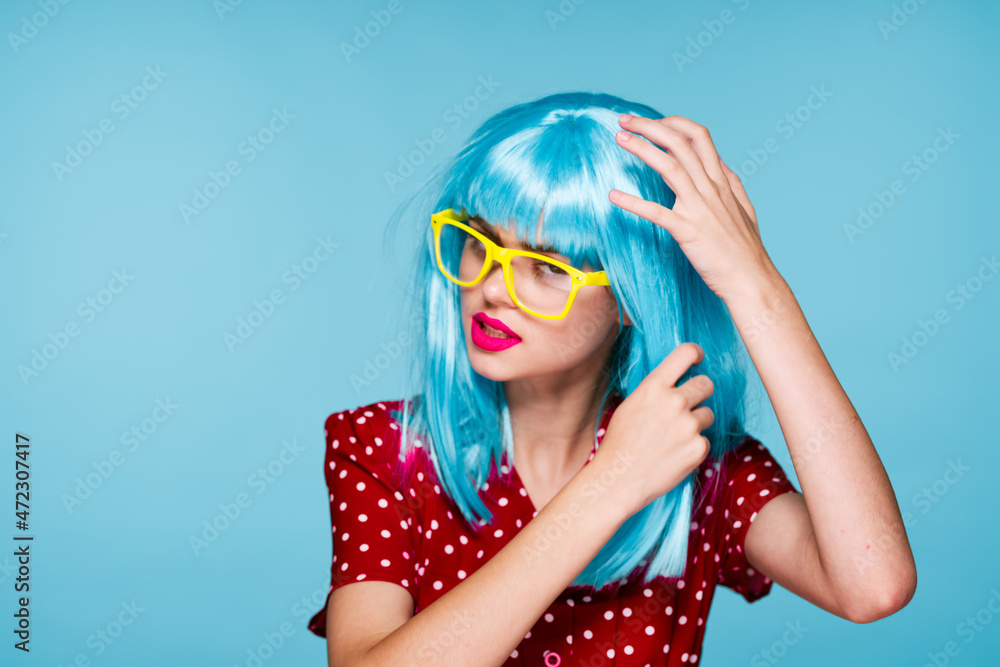 cheerful woman purple hair yellow glasses fashion glamor