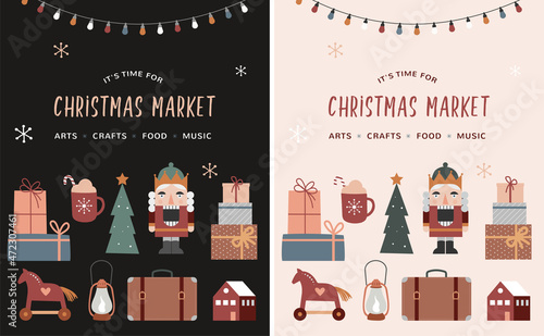 Vintage style Merry Christmas poster, Christmas market, street fair concept with retro icons and elements