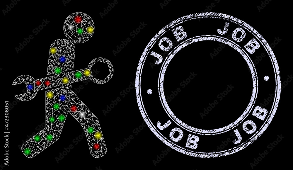 Glossy polygonal mesh net guy steal wrench icon with glare effect on a black background, and Job unclean stamp seal. Illuminated vector mesh created from guy steal wrench icon, Glossy polygonal mesh net guy steal wrench icon with glare effect on a black background, and Job unclean stamp seal. Illuminated vector mesh created from guy steal wrench icon,