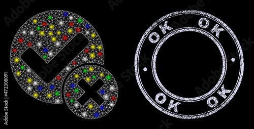 Glossy polygonal mesh net false positive icon with glow effect on a black background with OK grunge stamp seal. Illuminated vector structure created from false positive icon,