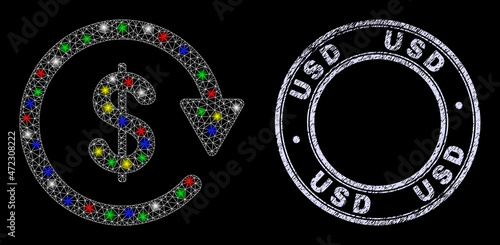 Glossy polygonal mesh web dollar pay again icon with glitter effect on a black background with USD unclean seal. Illuminated vector mesh created from dollar pay again icon,