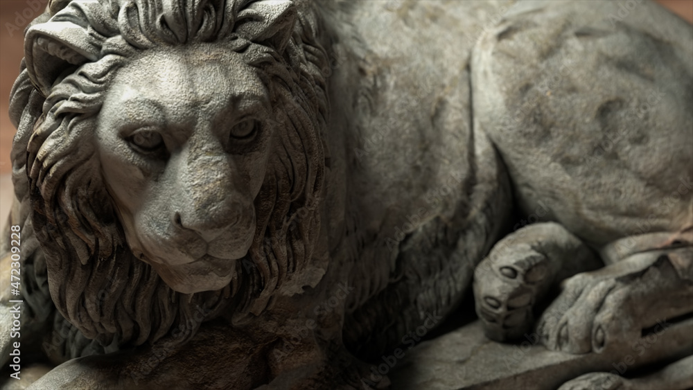 Sculpture of a lion close-up. Gray marble. 3d illustration