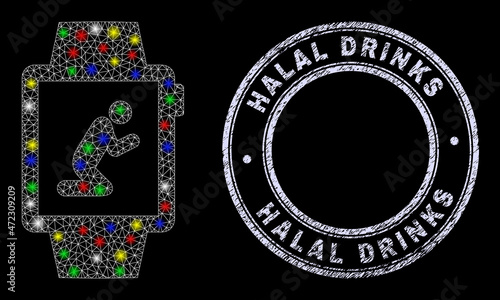 Glossy polygonal mesh net pray gadget watches icon with glow effect on a black background with Halal Drinks scratched stamp. Illuminated vector mesh created from pray gadget watches pictogram,