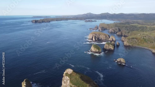 Aerial view sunset the Nameless Bay in the island of Shikotan, Kuril Islands.