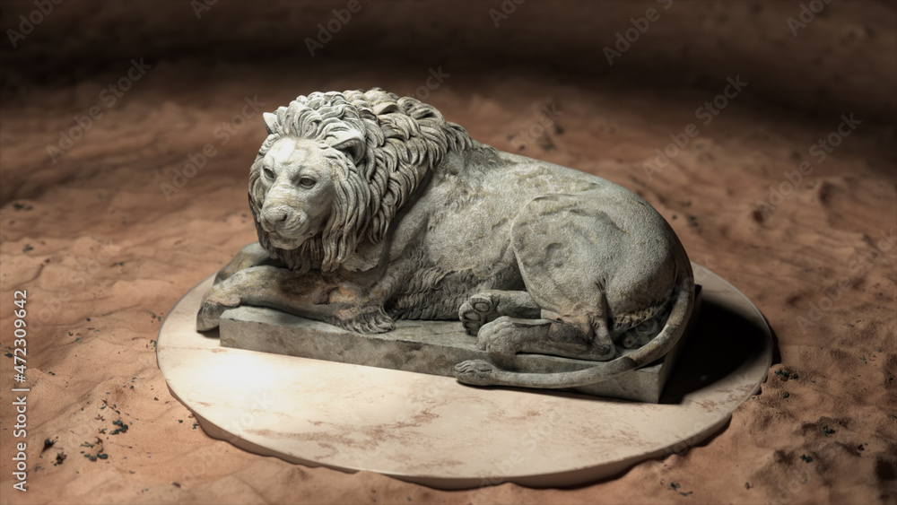 The sculpture of a lion on the platform. Gray marble. Sand. 3d illustration