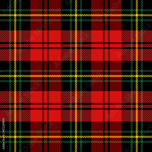 Christmas and new year tartan plaid. Scottish pattern in red, black and green cage. Scottish cage. Traditional Scottish checkered background. Seamless fabric texture. Vector illustration