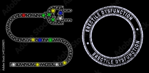 Glossy polygonal mesh web electric cord icon with glitter effect on a black background, and Erectile Dysfunction textured stamp seal. Illuminated vector constellation created from electric cord icon,