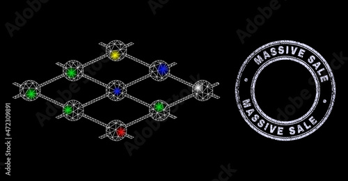 Glossy polygonal mesh web grid layer nodes icon with glitter effect on a black background, and Massive Sale unclean seal. Illuminated vector constellation created from grid layer nodes icon,