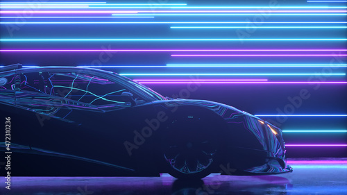 Fototapeta Naklejka Na Ścianę i Meble -  Futuristic concept. The sports car is moving against the backdrop of glowing neon lines. Blue purple color. 3d Illustration