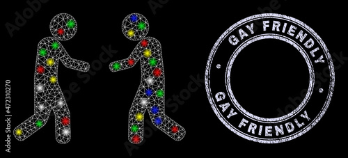Glossy polygonal mesh web friends meeting icon with glow effect on a black background, and Gay Friendly unclean stamp seal. Illuminated vector constellation created from friends meeting icon,
