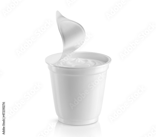 Full plastic cup with sour cream with an open foil lid. Isolated on white background. 3D illustration
