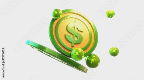 Expressivas e inclinadas moedas em verde e amarelo com esferas e fundo branco 3d photo