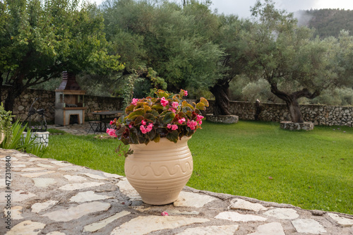 Big vase with pink flowers in green summer Greek traditional yard with olive trees and stone walls. Summer travel locations architecture details