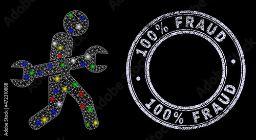 Glossy polygonal mesh web thief steal wrench icon with glitter effect on a black background with 100% Fraud dirty seal imitation. Illuminated vector mesh created from thief steal wrench pictogram,