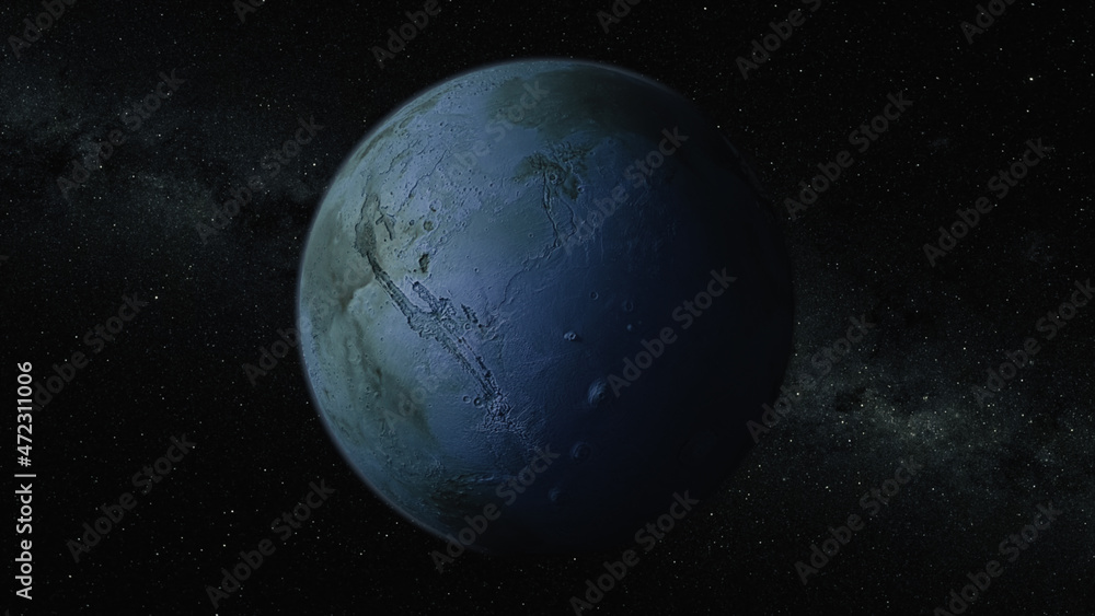 Cosmos concept. Flight over Planet X. Blue planet. Top view of the planet's surface. 3d Illustration Cosmos concept. Flight over Planet X. Blue planet. Top view of the planet's surface. 3d Illustration