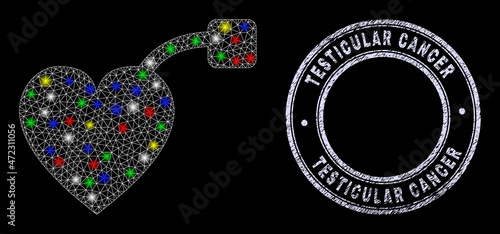 Glossy polygonal mesh net pacemaker icon with glitter effect on a black background, and Testicular Cancer unclean stamp. Illuminated vector mesh created from pacemaker icon,