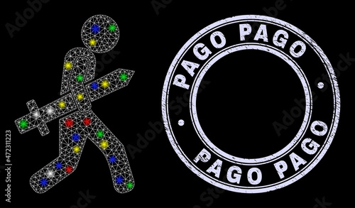 Glossy polygonal mesh web sword gunman icon with glitter effect on a black background with Pago dirty stamp seal. Illuminated vector mesh created from sword gunman icon,