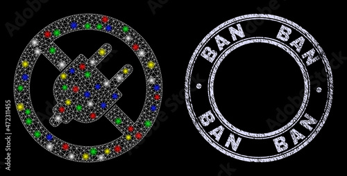 Glossy polygonal mesh web forbid electrical plugin icon with glitter effect on a black background with Ban rubber seal imitation. Illuminated vector mesh created from forbid electrical plugin icon,