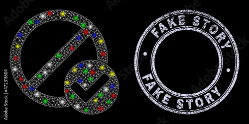 Glossy polygonal mesh net true reject icon with glitter effect on a black background with Fake Story textured stamp seal. Illuminated vector model created from true reject pictogram,