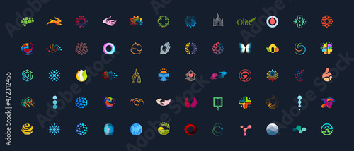 Vector logo templates, big set. Bestseller logos for business, sport, technology, science, medicine, education, religion, art, photo, innovation, nature and more. Abstract and minimalist idea design