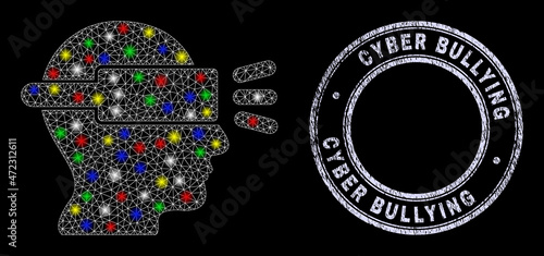 Glossy polygonal mesh web virtual simulation icon with glow effect on a black background  and Cyber Bullying dirty stamp seal.