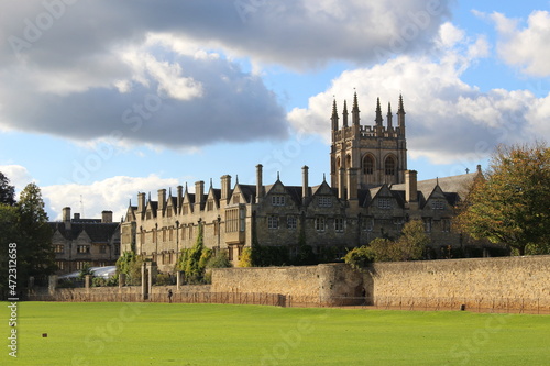 Merton college tower with a blue sky and clouds on an autumn day (Merton College, Oxford)