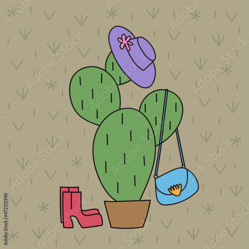 Cactus leather. Hand drawn cactus decorated by hat, handbag and shoes on beige background.