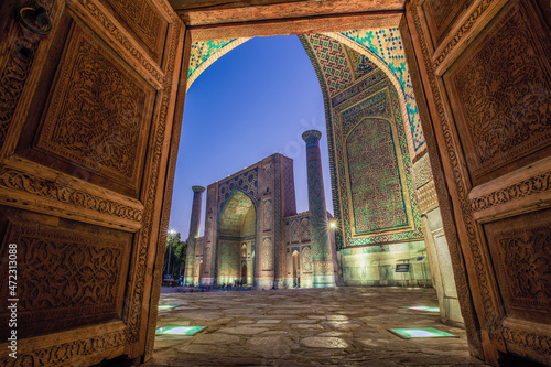Central Asia, Uzbekistan, Samarkand. Mosque complex at twilight. photo
