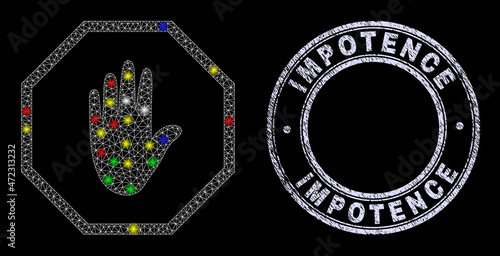 Glossy polygonal mesh web octagon danger hand icon with glare effect on a black background with Impotence unclean stamp seal. Illuminated vector mesh created from octagon danger hand icon,