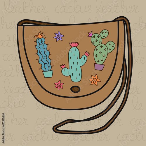 Cactus leather. Hand drawn handbag decorated by Cactus plants on beige background. Eco-Friendly product.