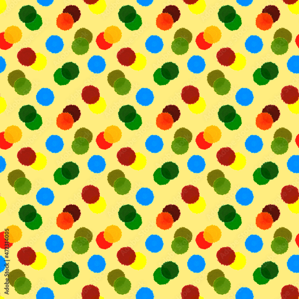 Watercolor digital imitation hand drawn polka dot seamless pattern. Bright abstract brush strokes circled gradient design with multicolored stains on white background Watercolor digital imitation hand drawn polka dot seamless pattern. Bright abstract brush strokes circled gradient design with multicolored stains on white background