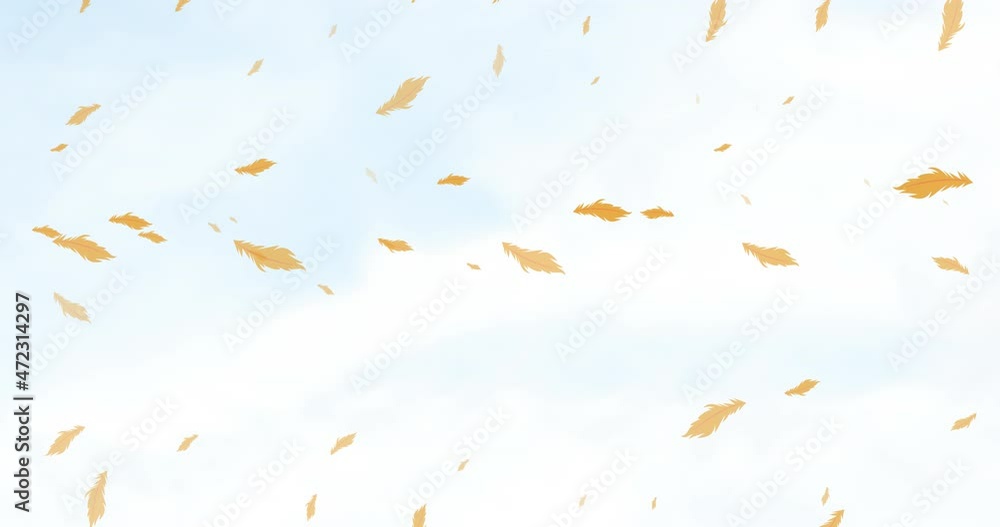 Animation of orange bird feathers falling over cloudy blue sky Animation of orange bird feathers falling over cloudy blue sky
