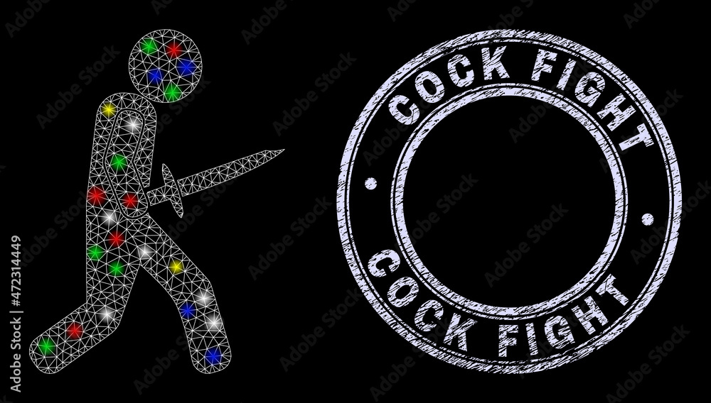 Glossy polygonal mesh web sword warrior icon with glow effect on a black background with Cock Fight grunge stamp. Illuminated vector model created from sword warrior icon, Glossy polygonal mesh web sword warrior icon with glow effect on a black background with Cock Fight grunge stamp. Illuminated vector model created from sword warrior icon,