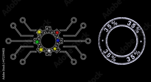 Glossy polygonal mesh web smart gear hub icon with glow effect on a black background, and 35% corroded seal print. Illuminated vector mesh created from smart gear hub icon,