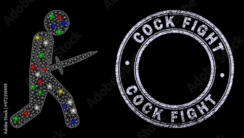 Glossy polygonal mesh web sword warrior icon with glow effect on a black background with Cock Fight grunge stamp. Illuminated vector model created from sword warrior icon,