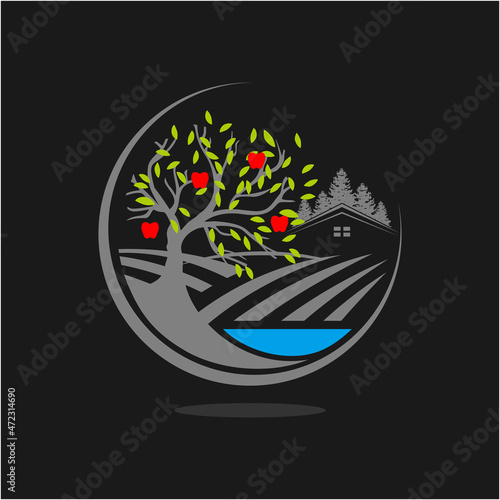 vintage circle logo about farmland and apple tree