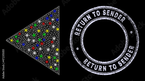 Glossy polygonal mesh web play back icon with glitter effect on a black background, and Return to Sender rubber stamp seal. Illuminated vector mesh created from play back symbol,