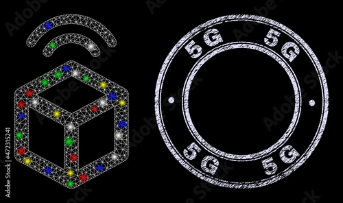 Glossy polygonal mesh web cargo wifi tracking icon with glow effect on a black background, and 5G scratched seal imitation. Illuminated vector constellation created from cargo wifi tracking icon,