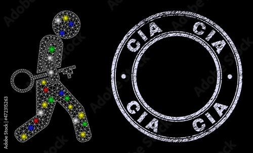 Glossy polygonal mesh net key robber icon with glow effect on a black background, and CIA scratched stamp seal. Illuminated vector structure created from key robber icon,